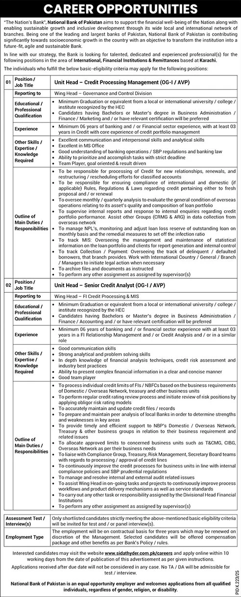 Jobs in National Bank of Pakistan